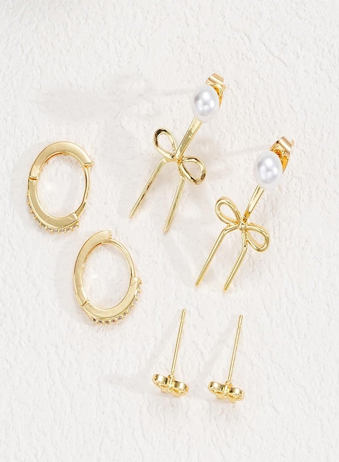 TACBSP Gold Bow Earrings Set for Women Dainty Pearl Bow Huggie Earrings Ribbon Bowknot Hoop Earrings Christmas Prom Jewelry Gifts (A.) - Image 5